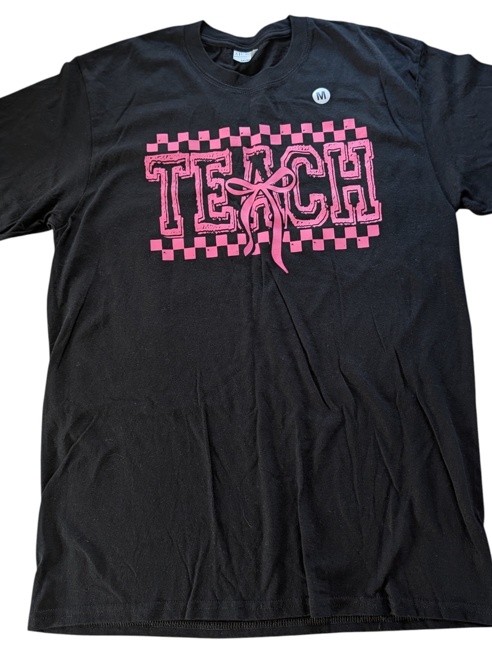 Women's Black Short-Sleeve TEACH Graphic Tee with Pink Print
